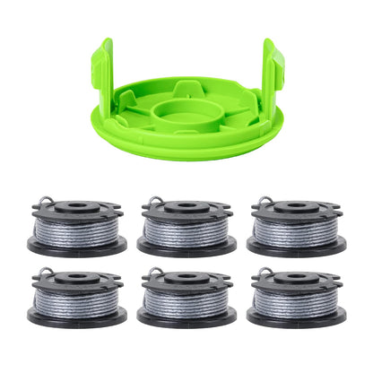 Greenworks - Carretes de corte de cuerda de alimentación automática de una sola línea de 0.08 pulgadas (paquete de 6) + cubierta de carrete de repuesto