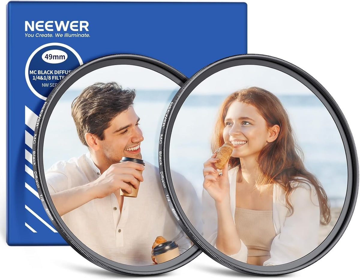 NEEWER Juego de 2 Filtros de Difusión Negra 1/4 y 1/8 de 49mm con Efecto Cinematográfico Nebuloso, Cristal Óptico Ultra Delgado con Múltiples Recubrimientos Nano para Vídeo, Vlog y Retratos