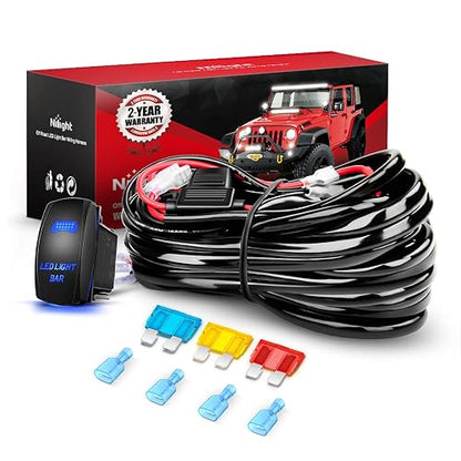 Nilight Barra de luz LED Arnés de cableado Kit 14 AWG Heavy Duty 12 V interruptor láser de 5 pines On Off Interruptor impermeable relé de potencia hoja fuse-2 Leads, 2 años de garantía