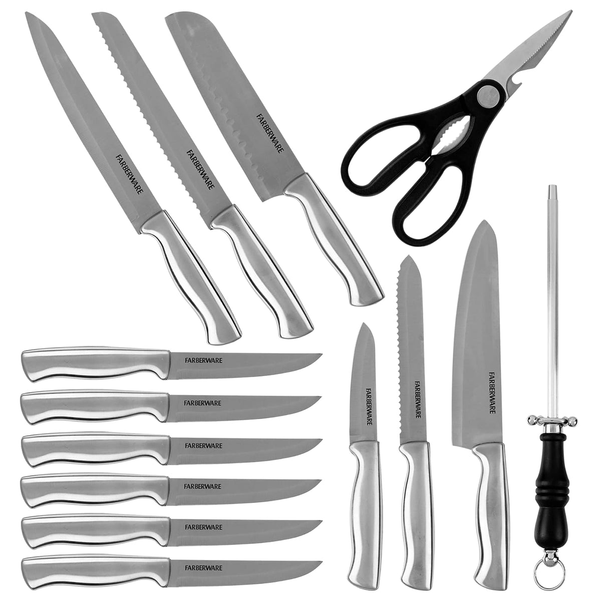 Bloque de Cuchillos y Auxiliares de 15 Piezas con base de Madera FARBERWARE Color Negro
