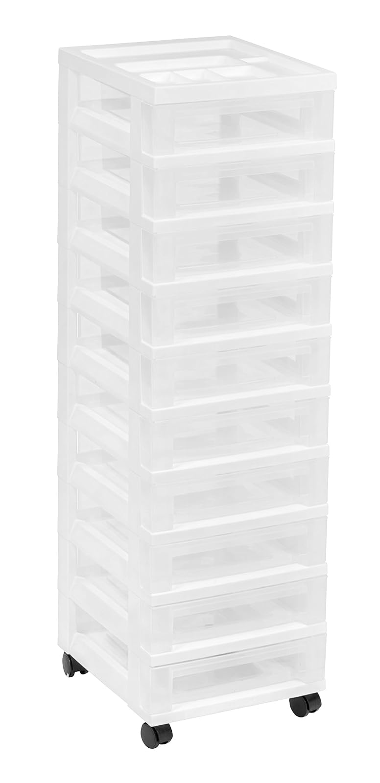 IRIS USA Carrito Organizador de 10 Cajones, Blanco/Transparente | Organiza manualidades, artículos de oficina, salón y accesorios con cajones de fácil acceso para uso diario