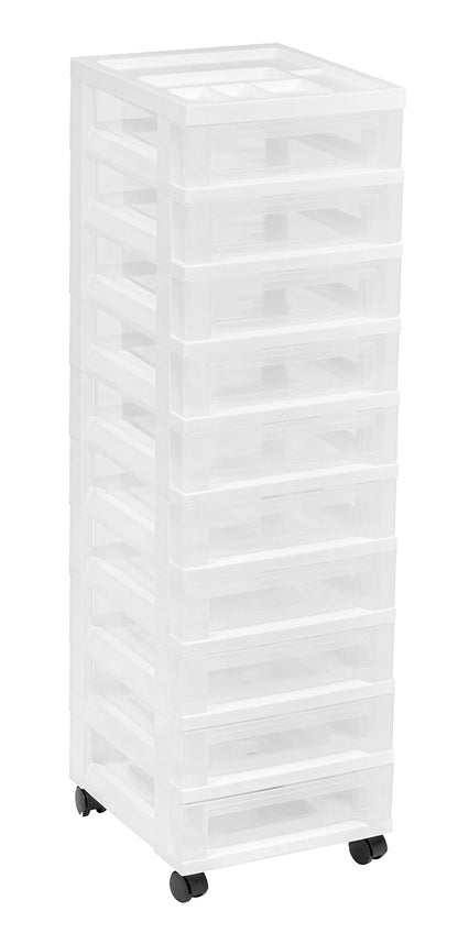 IRIS USA Carrito Organizador de 10 Cajones, Blanco/Transparente | Organiza manualidades, artículos de oficina, salón y accesorios con cajones de fácil acceso para uso diario