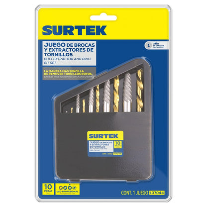 Surtek 107044 Juego de extractor para tornillos con brocas, 10 piezas