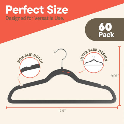 Campior Premium Velvet Non-Slip Hangers for Clothes - Heavy Duty Coat Hanger Set with 360° Swivel Hook, Lightweight, Luxurious Velvet Finish, Versatile Hangers for Any Closet, Pack of 60 - Grey