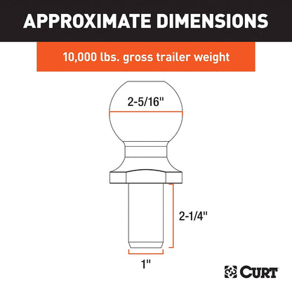 CURT Bola de Enganche Cromada 40007, 10000 LB, 2-5/16 in Diámetro, 2-1/4 in Vástago