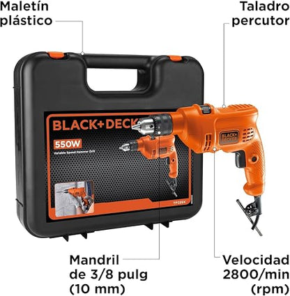 BLACK+DECKER Taladro Rotomartillo 3/8" 550W con Caja, TP550K | Taladro Rotomartillo 3/8" (10mm), 550W, Caja de Herramientas