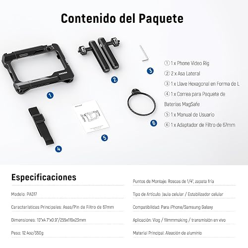 NEEWER Universal Phone Video Rig con Empeñaduras, Adaptador Filtro 67mm, Zapata Fría para dji Mic, Estabilizador de Jaula de Móvil para Grabación para iPhone 16 15 Pro MAX S23 Ultra Pixel 8 Pro, PA017