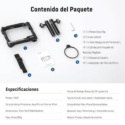 NEEWER Universal Phone Video Rig con Empeñaduras, Adaptador Filtro 67mm, Zapata Fría para dji Mic, Estabilizador de Jaula de Móvil para Grabación para iPhone 16 15 Pro MAX S23 Ultra Pixel 8 Pro, PA017