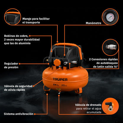 Truper COMP-KIT24S, Kit compresor libre de aceite 24 L, 2-2/3 HP con pistola y manguera