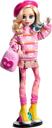Monster High Wednesday Muñeca y Accesorios, Enid Sinclair Coleccionable en Moda Rosa con Boina y Mochila, Soporte para muñecas