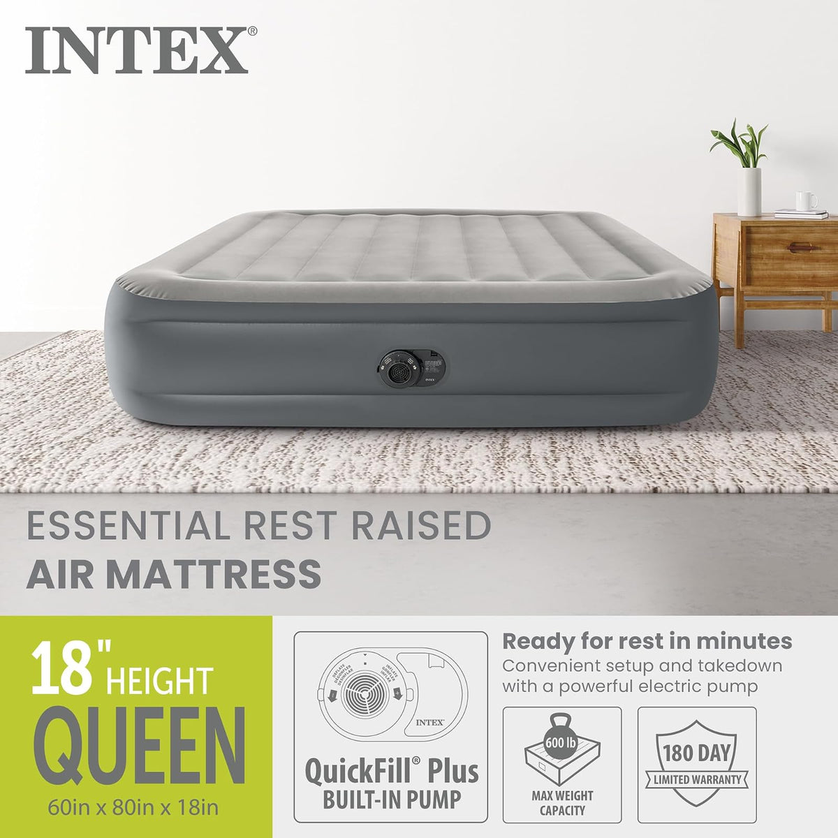 Intex 64125ED Dura-Beam Plus Series Essential Rest Airbed con Bomba eléctrica Interna, Altura de la Cama de 18 Pulgadas, Queen