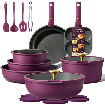 Carote Juego de Ollas y Sartenes Antiadherentes de Granito - Ultra Violeta - 19 Piece