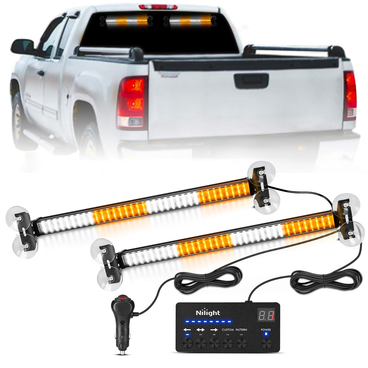 Nilight - Barra de luz estroboscópica de 144 LED, color ámbar blanco con driver 2 en 1, advertencia de emergencia para automóviles, luces de parabrisas de policía, para automóviles, remolque, camiones