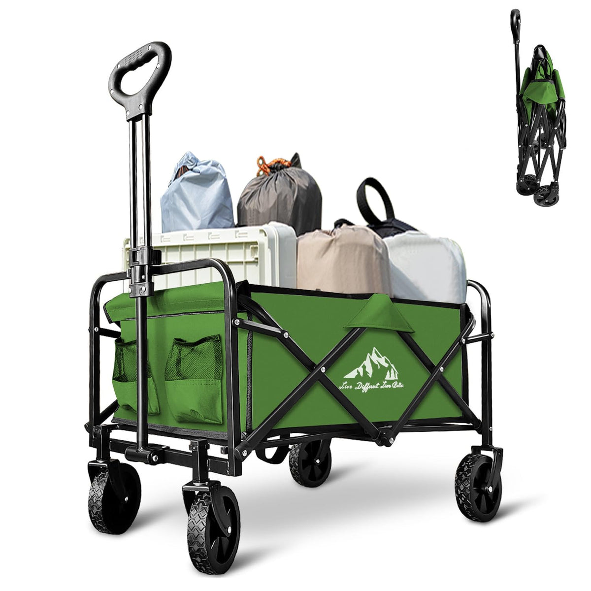 VOYSIGN Carro de Carro Plegable con Ruedas Resistentes, Carro Plegable portátil de 220 Libras para comestibles, Playa, Camping, Actividades al Aire última intervensión, Verde