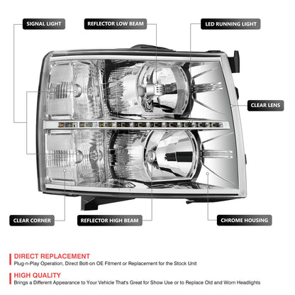 DNA Motoring HL-LED-CSIL07-CH-CL1 Par Luces LED DRL Cromo Transparente para Chevy Silverado 07-14