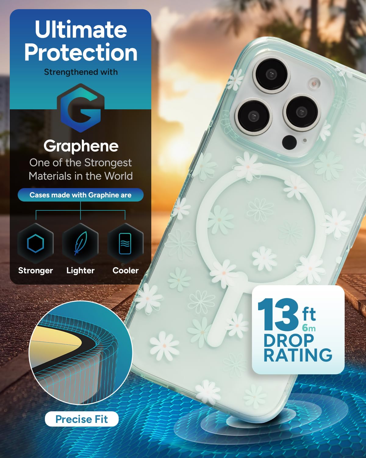 ZAGG Milan Snap - Funda para iPhone 16 Pro, diseño Floral Blanco sobre Base Verde Transparente, Compatible con MagSafe y Carga inalámbrica, protección contra caídas de 14 pies, ecológico, Reforzado