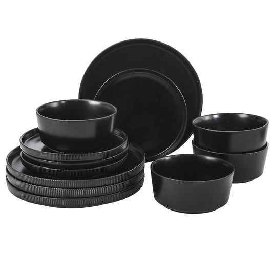 Gibson Home Dempsey Road - Juego de vajilla de gres de 12 piezas, servicio para 4, platos y cuencos negros redondos, duradero y de color sólido, moderno juego de platos en relieve, apto para