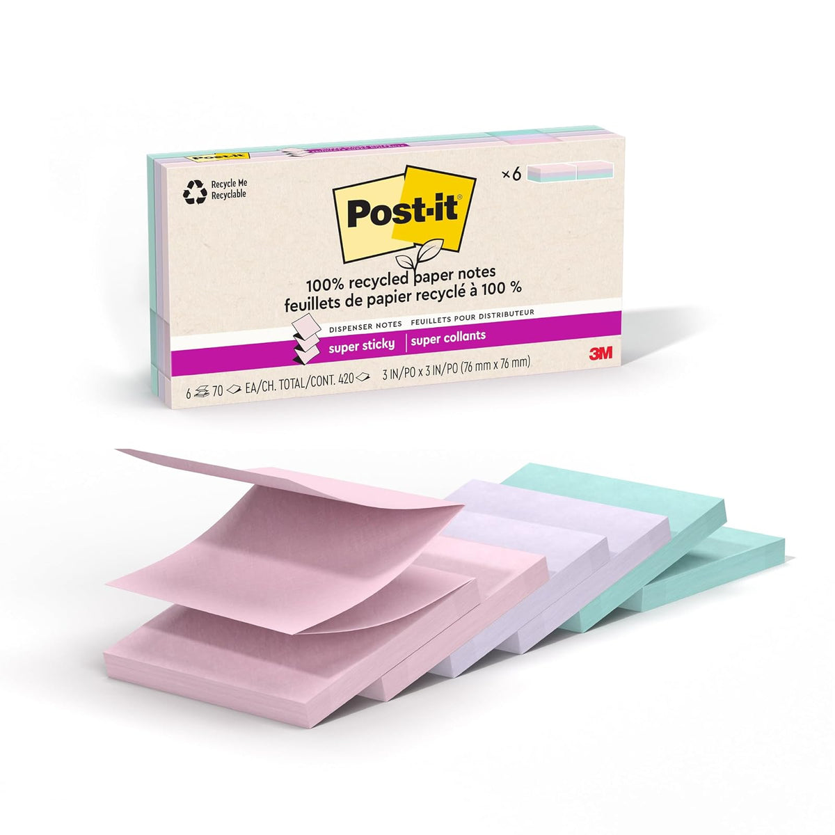 Post-it Super Sticky Notas Emergentes 100% Recicladas | 7.6 x 7.6 cm, 70 hojas, 6 almohadillas, colección Wanderlust
