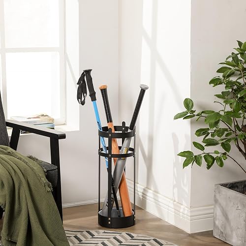 SONGMICS - Soporte para paraguas, Soporte redondo de acero para paraguas, 19.6 x 19.6 x 55.1 cm, con bandeja de goteo desmontable, para entrada, oficina, estable, requiere montaje, negro mate ULUC28BK