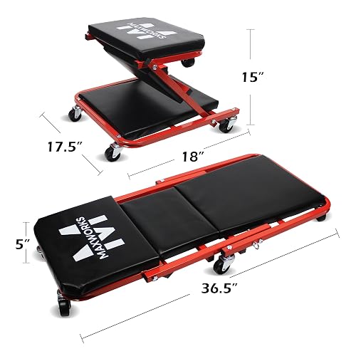 MaxWorks 50873 - Enredadera mecánica 2 en 1, Asiento Z-Creeper de 36 Pulgadas, Capacidad de 300 Libras, Enredadera de Perfil bajo con 6 Ruedas para cochera, Tienda, reparación de automóviles