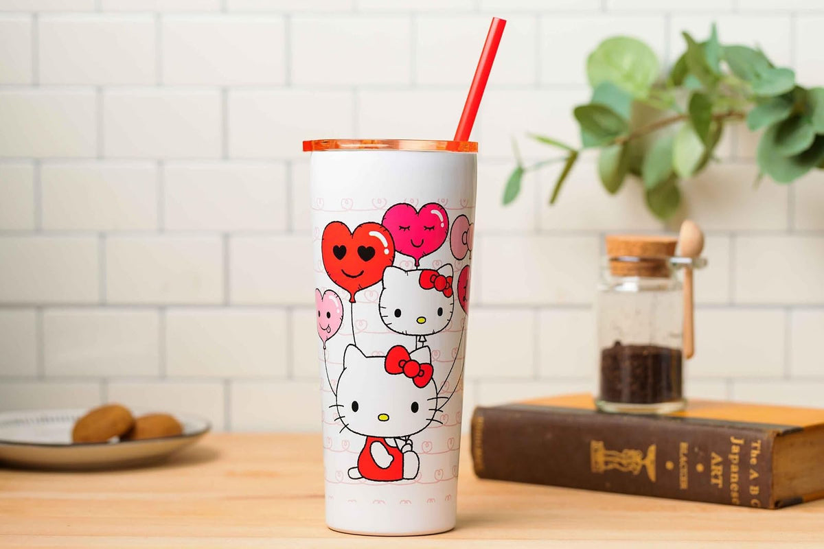 Silver Buffalo Hello Kitty - Globos de corazón de doble pared de acero inoxidable con popote, 22 onzas
