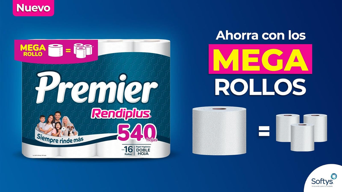Premier Rendiplus Papel Higiénico 16 Rollos 540 Hojas Dobles