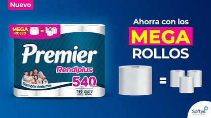 Premier Rendiplus Papel Higiénico 16 Rollos 540 Hojas Dobles