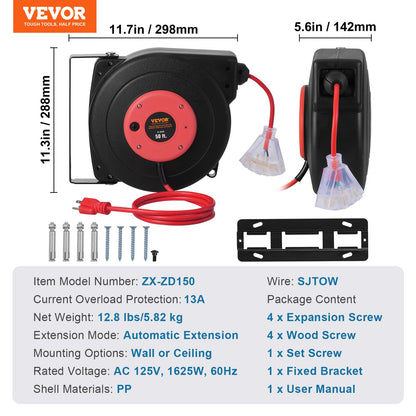 VEVOR Carrete de Cable de Extensión Retráctil, 15 m, Resistente, 14 AWG/3C SJTOW, con Toma de Corriente Triple Iluminada, Disyuntor de 13 A, Soporte Giratorio de 180° para Montaje en Techo o Pared