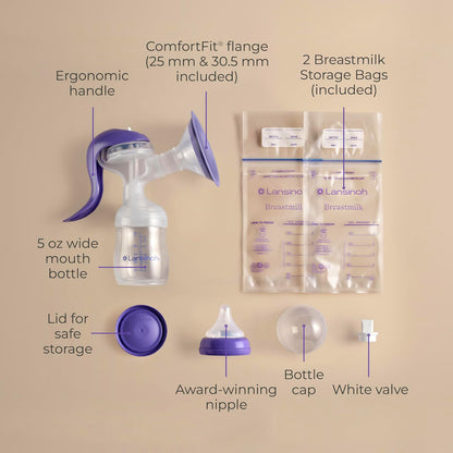 Lansinoh Extractor Manual para Lactancia Materna | Bomba de mano con brida cómoda, incluye biberón de 5 onzas, pezón de flujo lento, esenciales para la lactancia materna