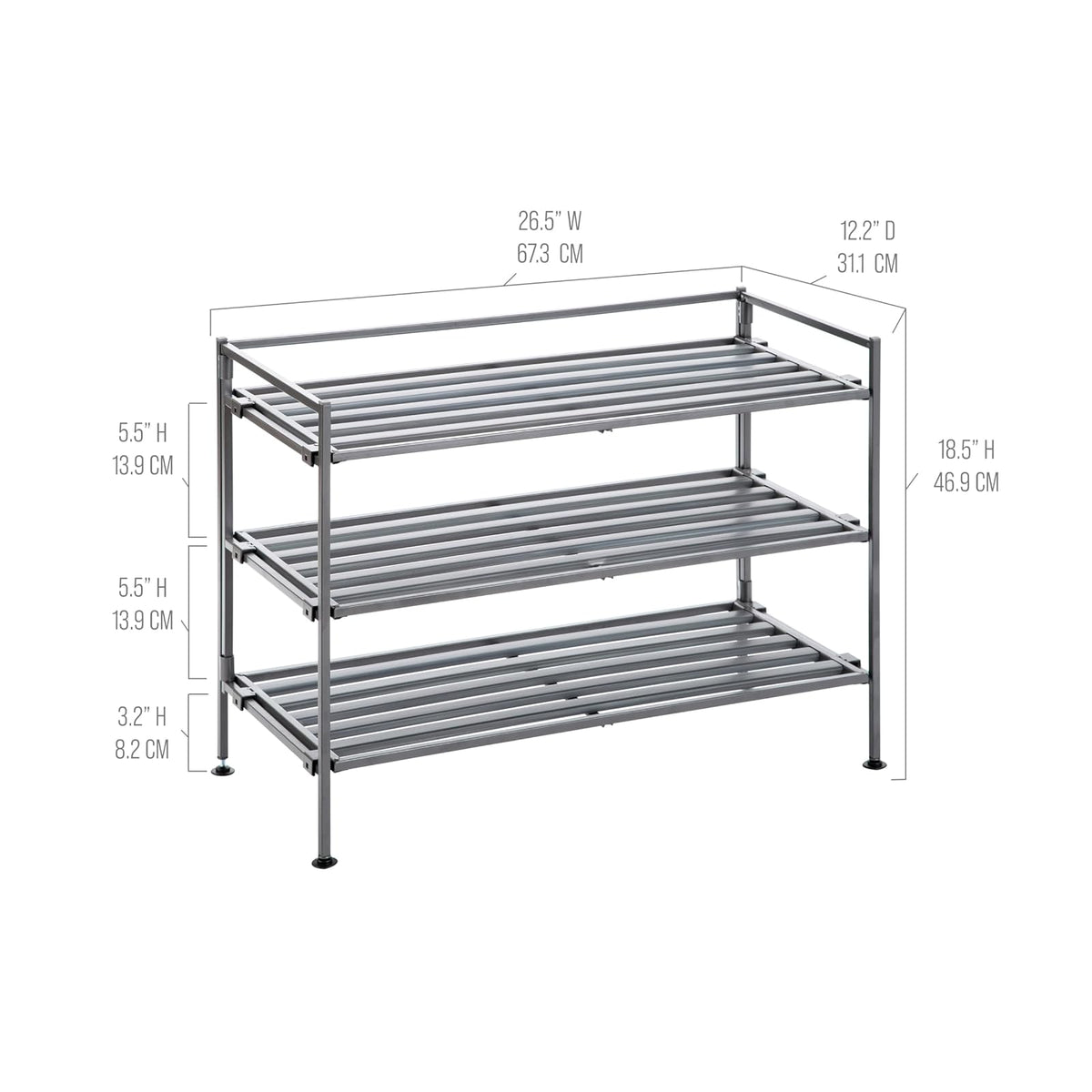 Seville Classics Sturdy Freestanding Storage Shelf for Bedroom, Closet, Entryway, Dorm Room Organizer, Stackable Durable Metal Shoe Rack, Ash Gray Slat, 3-Tier