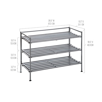 Seville Classics Sturdy Freestanding Storage Shelf for Bedroom, Closet, Entryway, Dorm Room Organizer, Stackable Durable Metal Shoe Rack, Ash Gray Slat, 3-Tier