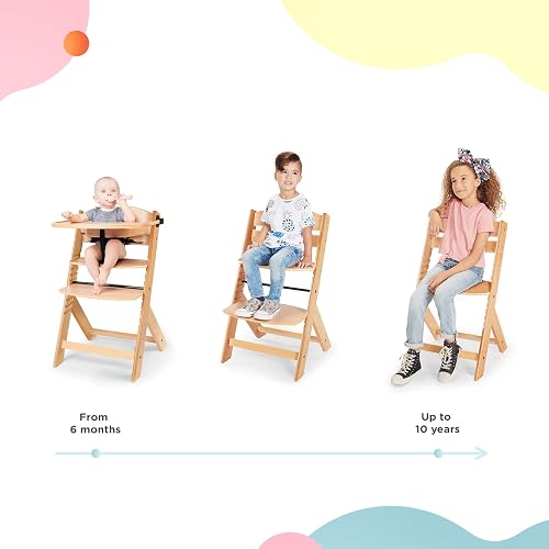 Kinderkraft ENOCK Silla Alta de Madera, Periquera Infantil, Portatil, para niños, Evolutiva silla alta, Ergonómica, Con accesorios, Barrera y Bandeja, Madera natural