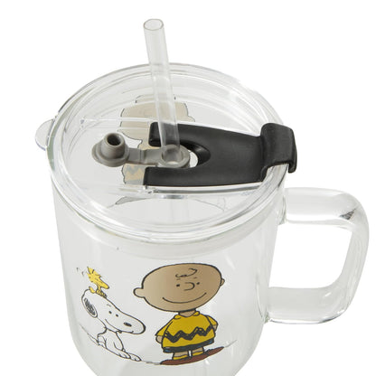 Peanuts Snoopy - Vasos de vidrio con tapas y popotes - Vaso de 40 onzas con asa y popote, botellas de agua de vidrio, vasos con popotes, tazas de café helado, taza de café de viaje, vaso de licuado