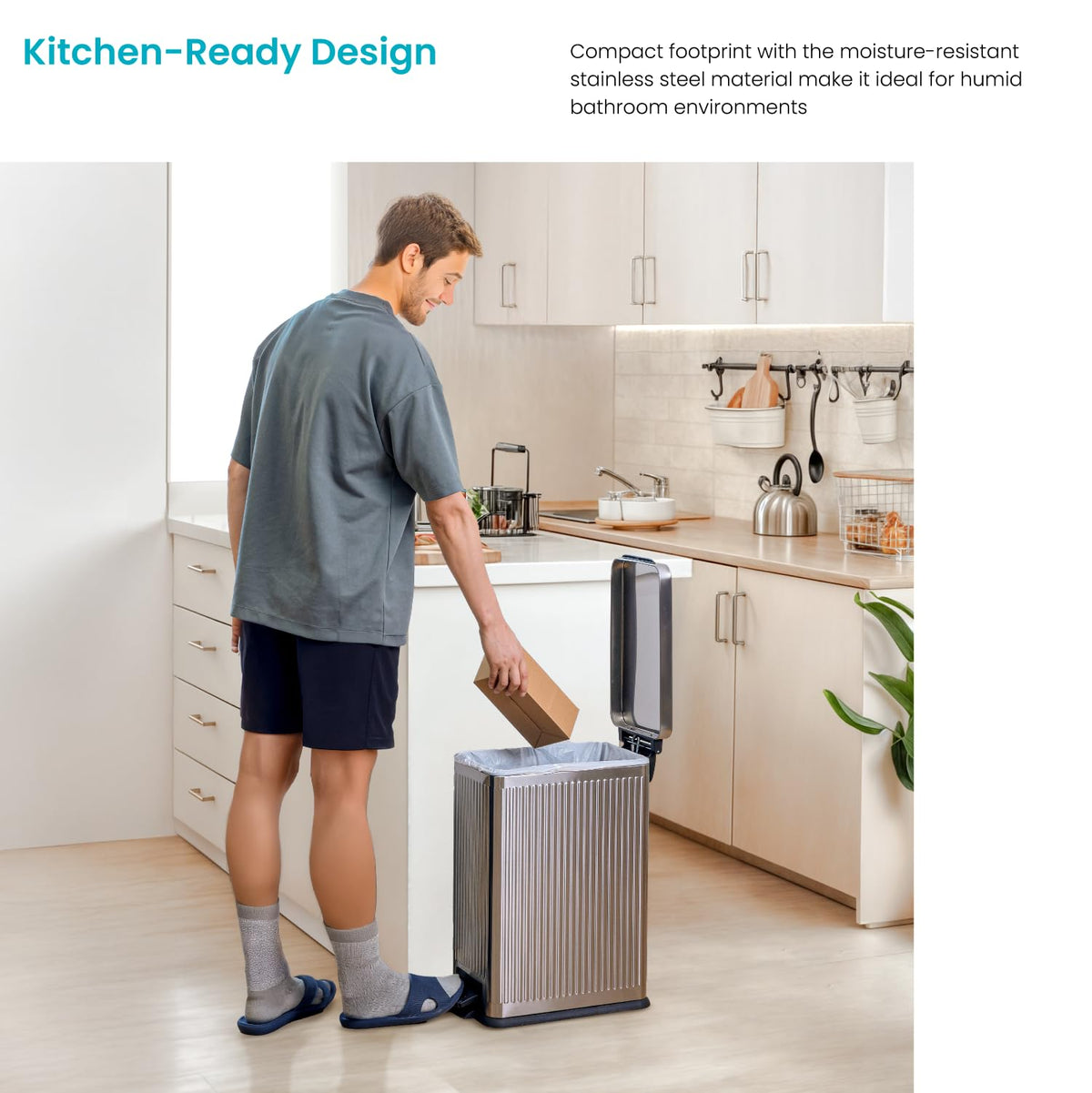 Home Zone Living - Papelera de cocina de 8 galones con tapa de cierre suave y pedal de escalón, acero inoxidable con diseño acanalado delgado para el hogar y la oficina, plata, 30 litros