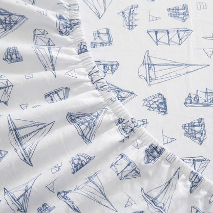 Nautica - Juego de sábanas de algodón percal con Funda de Almohada a Juego, elástico, Esenciales para recámara (Azul Vela de Madera Blanca)