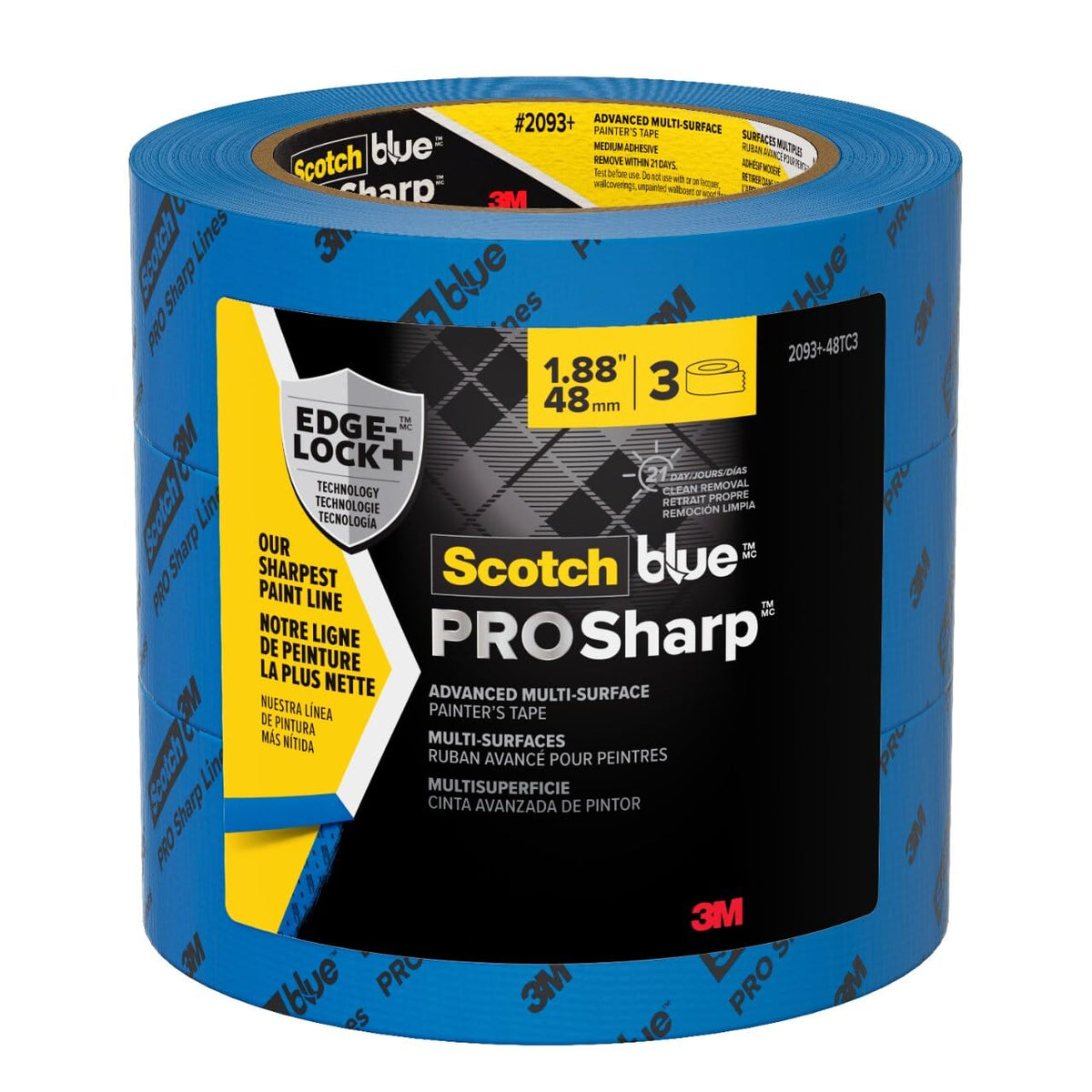 ScotchBlue PROSharp Cinta de pintor de 2 pulgadas de ancho (1.9 pulgadas x 60 yardas), 3 rollos de cinta azul protege las superficies y se quita fácilmente, cinta de bloqueo de bordes para uso en