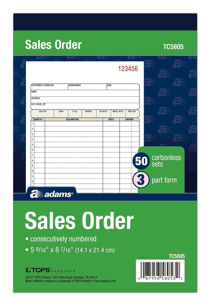 Adams Sales Order Book, 3-Part, Carbonless, White/Canary/Pink, 5-9/16 x 8-7/16 Inches, 50 Sets per Book (TC5805)