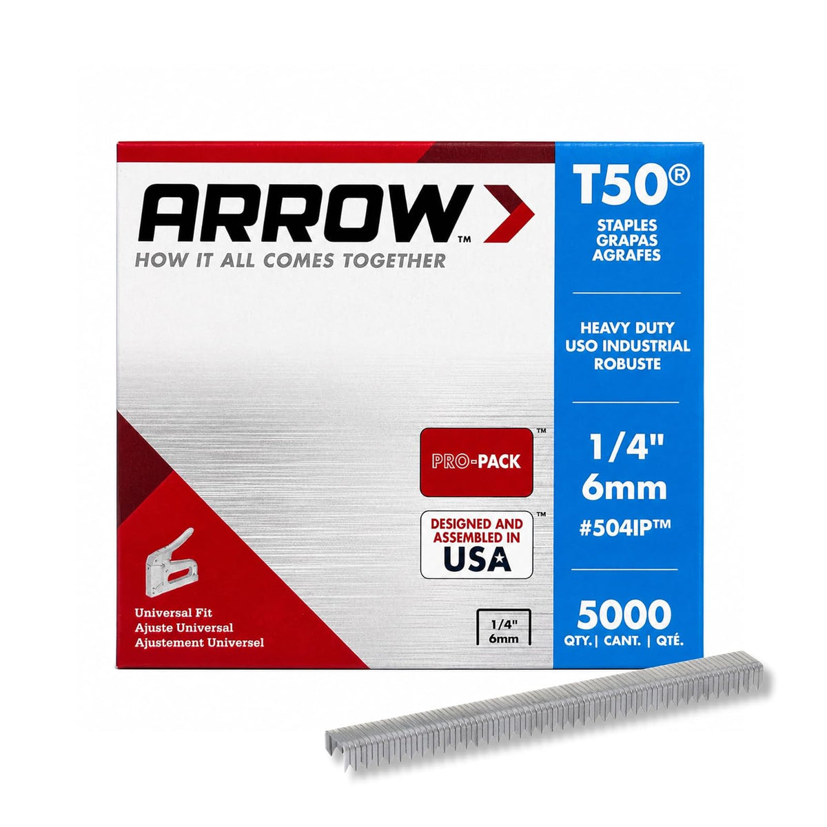 Arrow Fastener 504IP - Grapas T50 resistentes para tapicería, construcción, muebles, manualidades, tamaño de corona de 3/8 pulgadas, longitud de pierna de 1/4 pulgadas, paquete de 5000