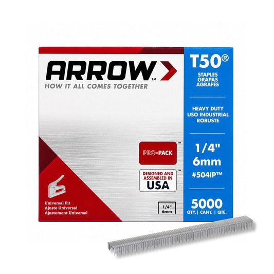 Arrow Fastener 504IP - Grapas T50 resistentes para tapicería, construcción, muebles, manualidades, tamaño de corona de 3/8 pulgadas, longitud de pierna de 1/4 pulgadas, paquete de 5000