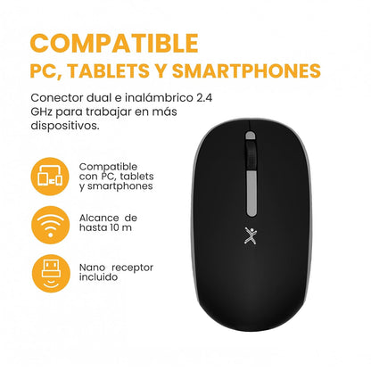 PERFECTCHOICE Mouse Inalámbrico Clic Silencioso dpi 1000 con Conector Dual USB A/C Whisper (Negro)