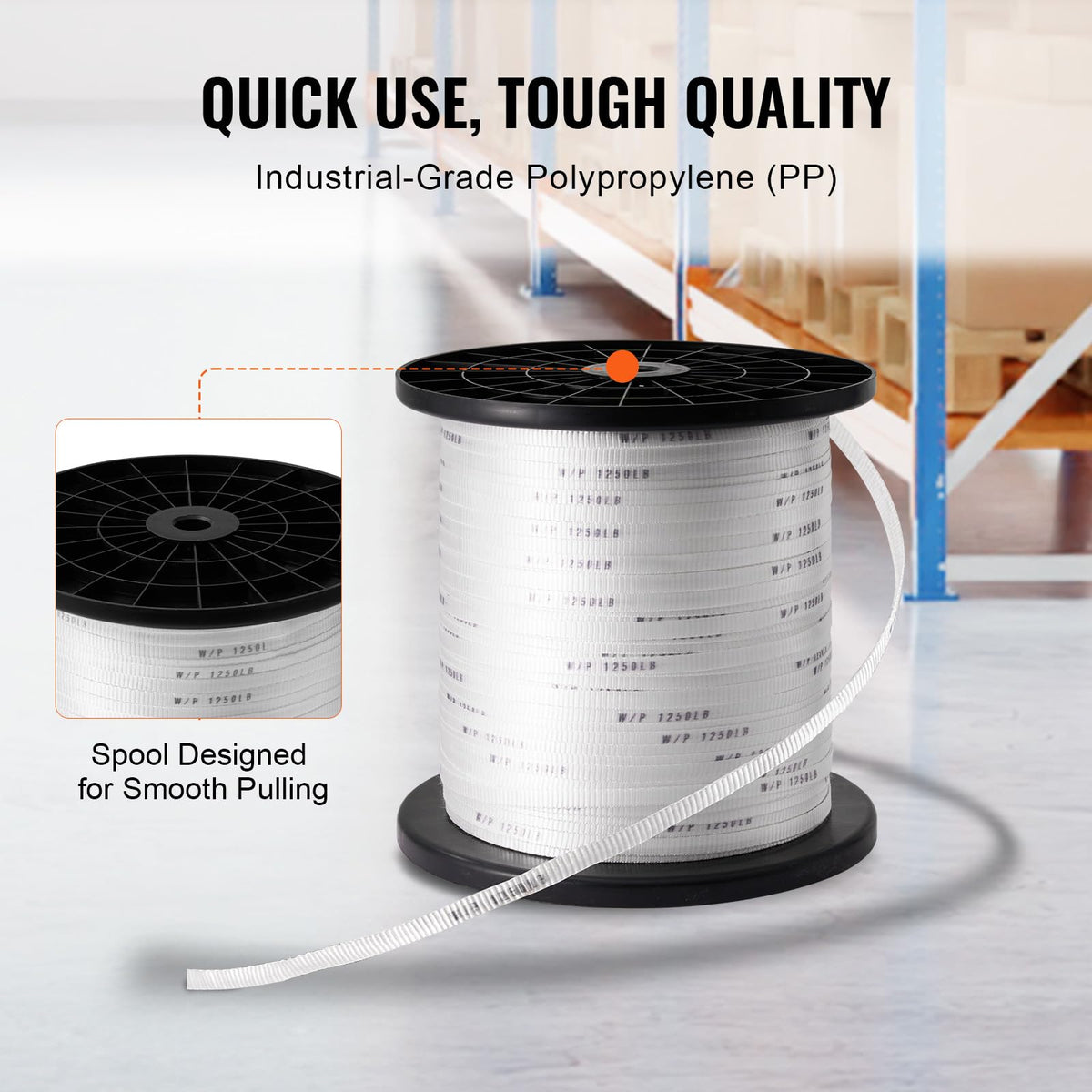 VEVOR Cinta de tracción de poliéster 1/2" x 1053', Cuerda Plana Tipo Mule, 1250 lbf, Cinta de tracción de Cable Impresa para Embalaje, instalaciones eléctricas comerciales y conductos, Blanca