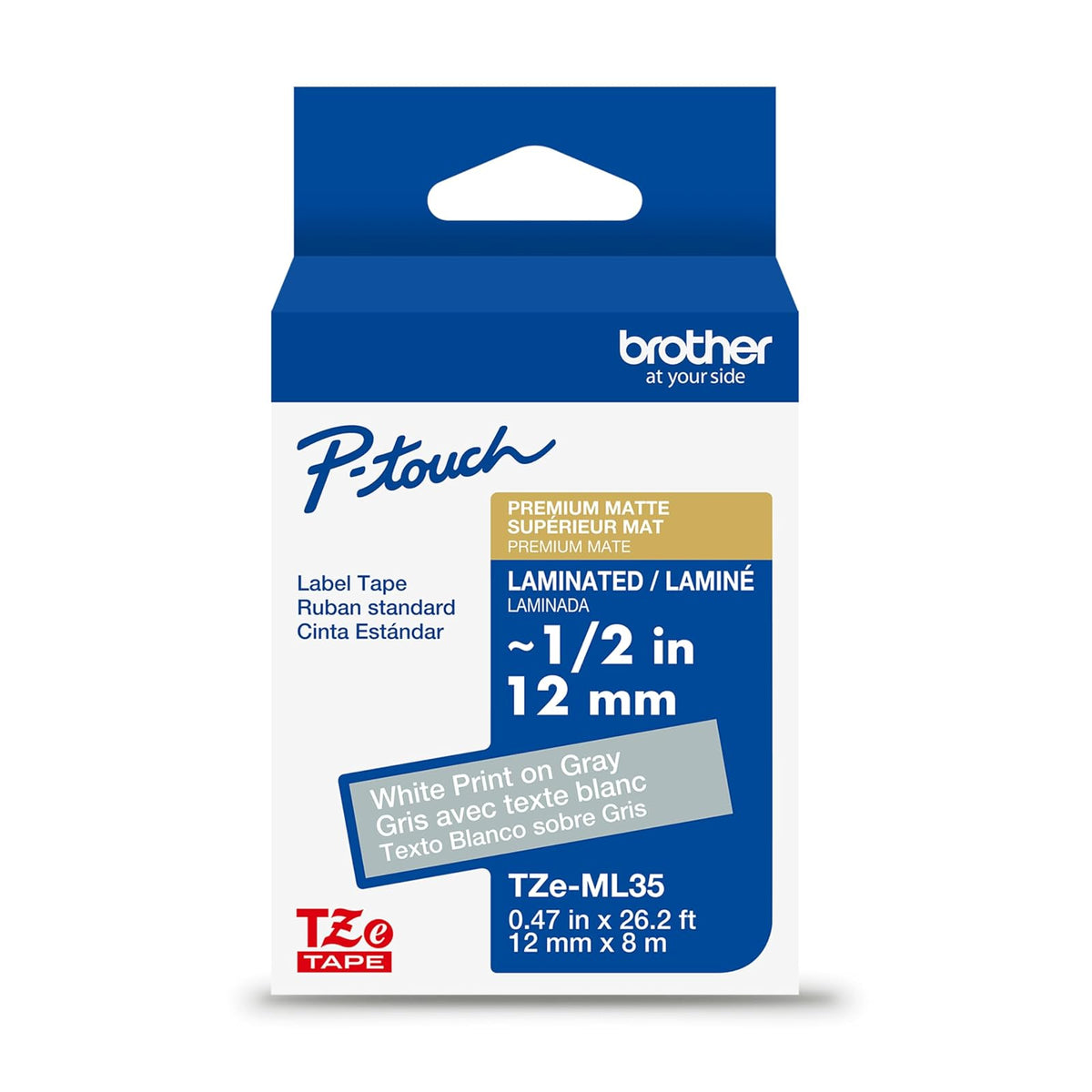 Brother - Cinta de etiquetas original P-Touch TZe, impresión blanca sobre gris (TZeML35), laminado mate premium, 24 mm x 8 m, para fabricantes de etiquetas P-Touch seleccionados, para manualidades,
