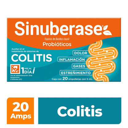 Sinuberase Probióticos en Suspensión Bacillus Clausii 4 Billones UFC 20 Ampolletas de 5 ml. Alivio Prolongado Desde la Raíz para la Colitis