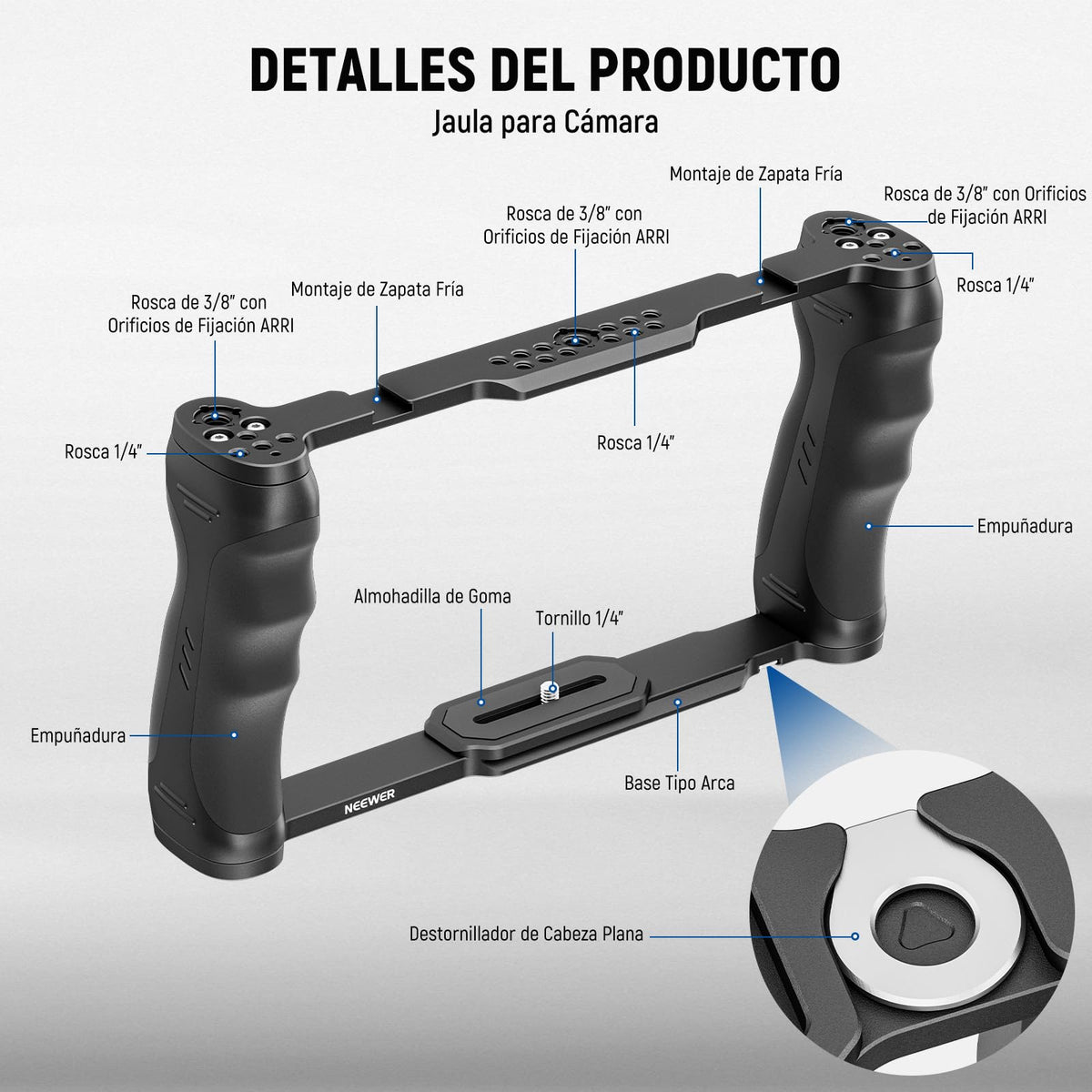 NEEWER Universal Jaula Cámara con Asa Superior & Montaje Monitor Zapata Fría, Arca Cámara Gimbal Estabilizador Video Rig, Manija Doble & 3/8" para ARRI Compatible con SmallRig Accesorio, CA016T+MA006