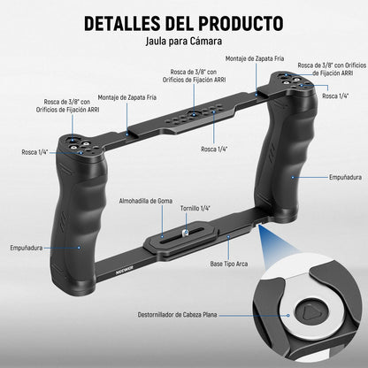 NEEWER Universal Jaula Cámara con Asa Superior & Montaje Monitor Zapata Fría, Arca Cámara Gimbal Estabilizador Video Rig, Manija Doble & 3/8" para ARRI Compatible con SmallRig Accesorio, CA016T+MA006