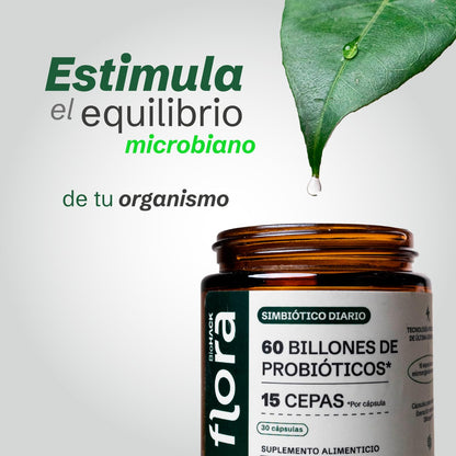 FLORA 01 | Simbiótico Diario | Probióticos 60 Billones UFC 15 Cepas | Apoyo Digestivo, Bienestar Intestinal y Metabolismo | 30 cápsulas.