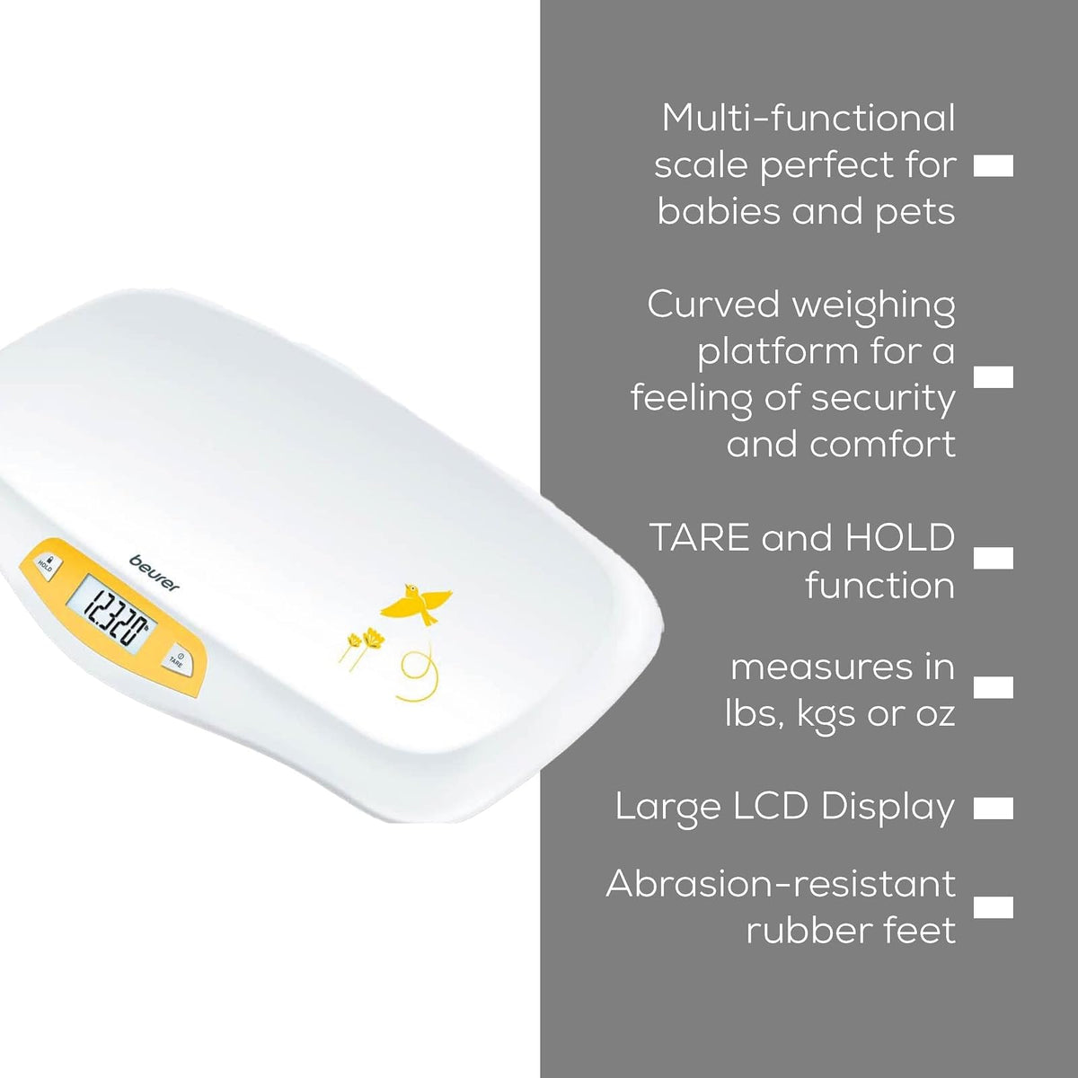 Beurer BY80 Báscula digital para bebé, báscula para bebés para pesar en libras, onzas o kilogramos de hasta 44 libras, báscula para bebés recién nacidos con función de sujeción, báscula para mascotas