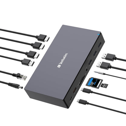 Verbatim USB-C Pro Docking Station 17 en 1 Hub Multiport Adaptador a HDMI 4K y 8K, USB-A y USB-C, PD 100W, AUX, Lector de Tarjetas para Mac/Windows Laptop y Co