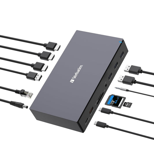 Verbatim USB-C Pro Docking Station 17 en 1 Hub Multiport Adaptador a HDMI 4K y 8K, USB-A y USB-C, PD 100W, AUX, Lector de Tarjetas para Mac/Windows Laptop y Co