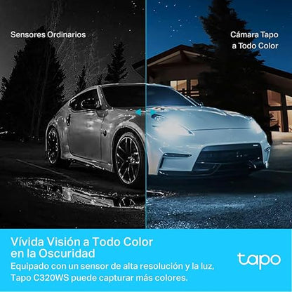 TP-Link Tapo C320WS Cámara de Seguridad WiFi Exterior - Resolución 2K - Cobertura 360° - Visión Nocturna a Color - Detección de Movimiento - Alarma de Luz y Sonido - 512GB - App Tapo - Protección IP66
